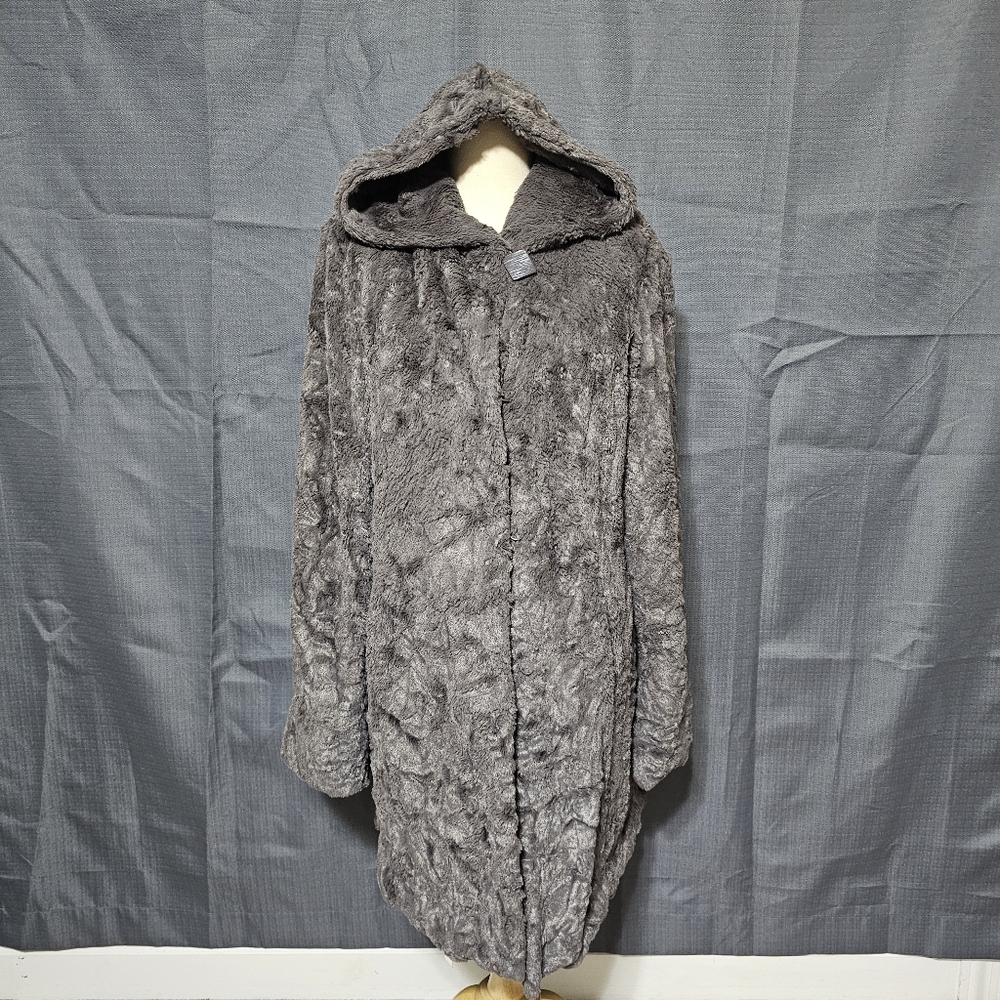 Dennis Basso Gray Faux Fur Hooded Coat Small Luxury Size M